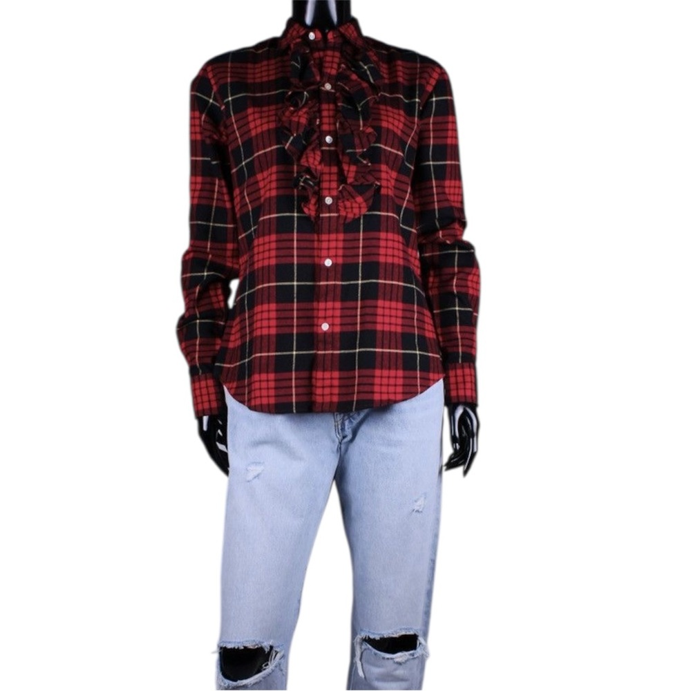 Ralph Lauren red and black plaid button-down shirt with ruffled collar